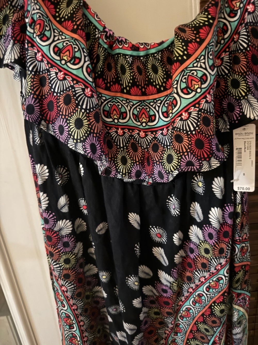 Bisou Bisou Black Midi Dress with Teal, Red and Pink Floral Print, nwt, sz 8 - Picture 2 of 7
